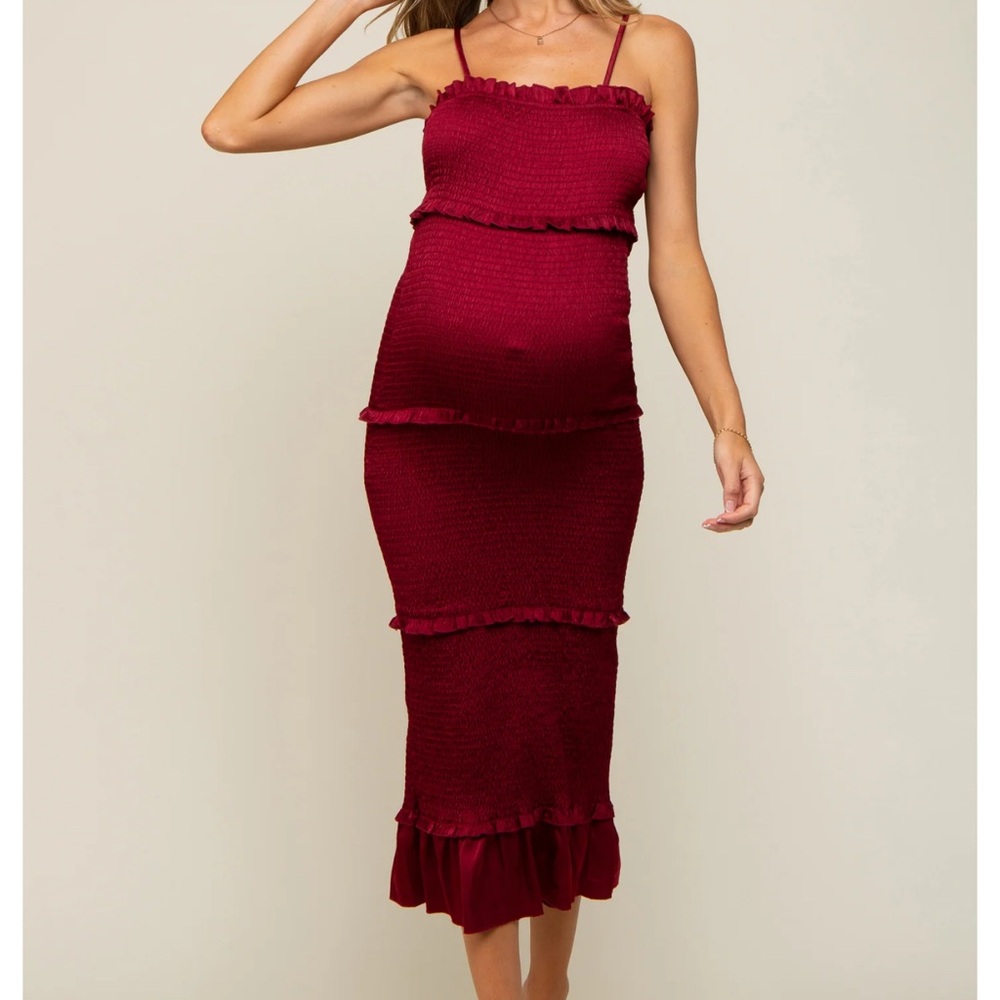 Burgundy Satin Smocked Fitted Maternity Midi Dress